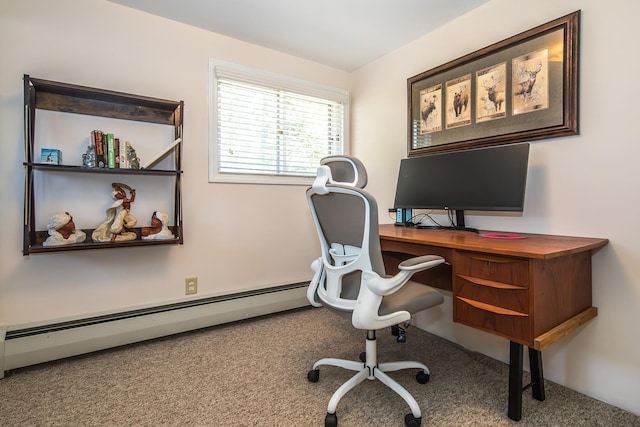 carpeted office with baseboard heating