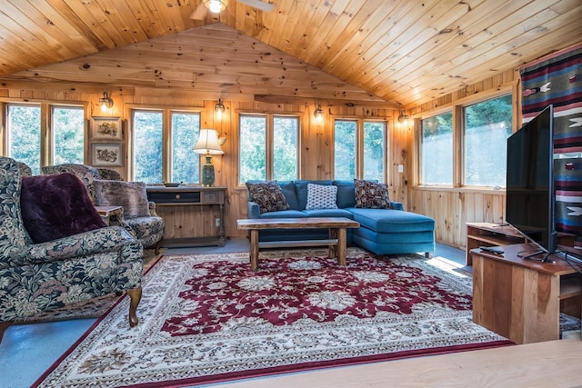 living area featuring wooden walls, wood ceiling, and lofted ceiling