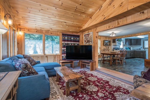living room featuring wooden walls, vaulted ceiling, and wooden ceiling
