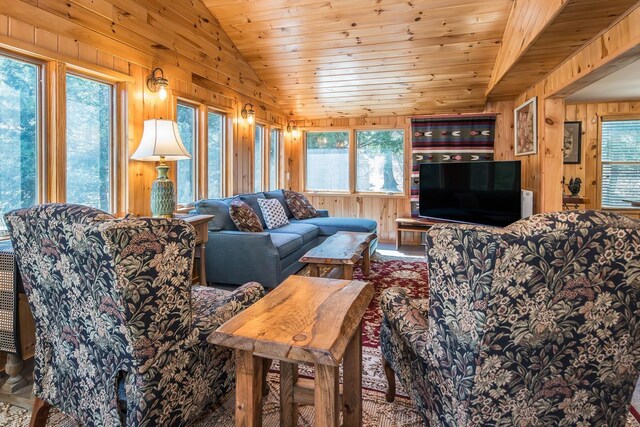 living area with wood walls and vaulted ceiling