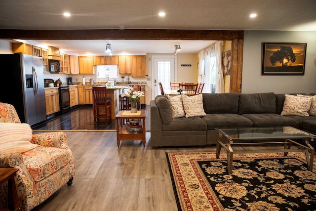 living area featuring dark wood-style flooring and recessed lighting