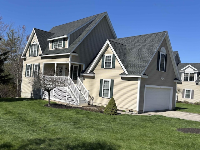 view of front of home featuring a front yard, a shingled roof, an attached garage, stairway, and a porch