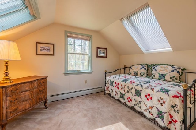 carpeted bedroom with lofted ceiling and baseboard heating