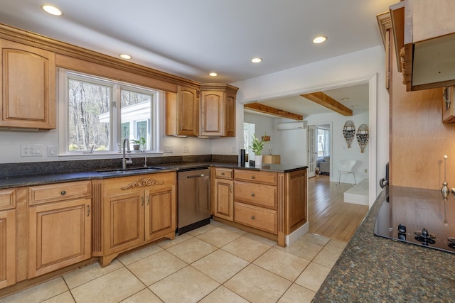 kitchen featuring a wall mounted AC, stainless steel dishwasher, a sink, beamed ceiling, and recessed lighting