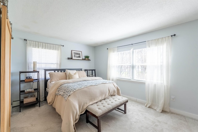 bedroom with multiple windows, baseboard heating, and light colored carpet