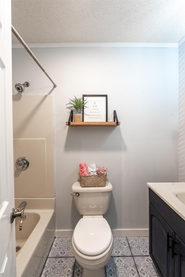 bathroom featuring  shower combination, ornamental molding, a textured ceiling, and baseboards