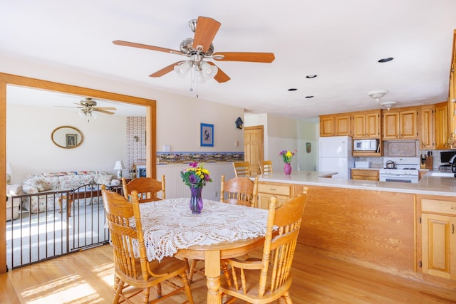 dining room with light wood finished floors and ceiling fan