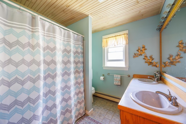 full bath featuring wooden ceiling, a baseboard radiator, toilet, and a sink