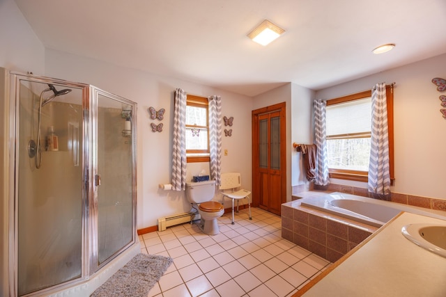 full bath featuring toilet, a bath, tile patterned flooring, a shower stall, and baseboard heating