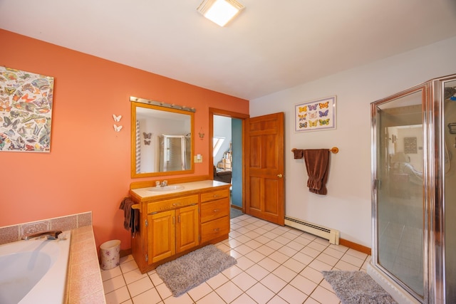 bathroom with a garden tub, a baseboard radiator, tile patterned floors, a shower stall, and vanity