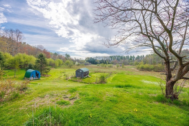 view of yard featuring a rural view and an outbuilding