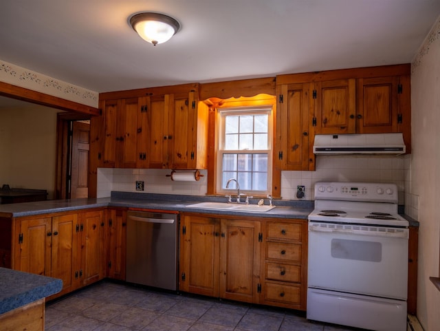 kitchen featuring exhaust hood, dishwasher, white electric stove, a sink, and brown cabinets