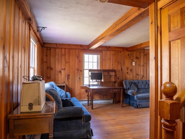 sitting room featuring beamed ceiling, baseboard heating, wood walls, and hardwood / wood-style flooring