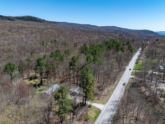 birds eye view of property featuring a mountain view and a view of trees