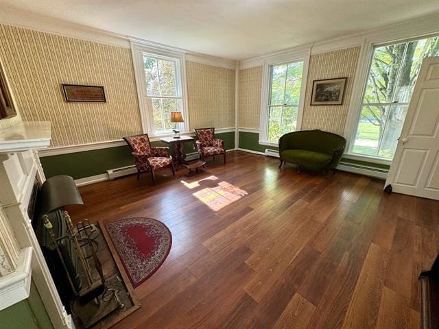 living area with a baseboard heating unit, a healthy amount of sunlight, wallpapered walls, and wood finished floors
