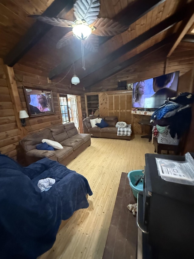 1781 Jersey St S, Addison, VT 05491 - living area with wooden walls, wood ceiling, wood-type flooring, and ceiling fan