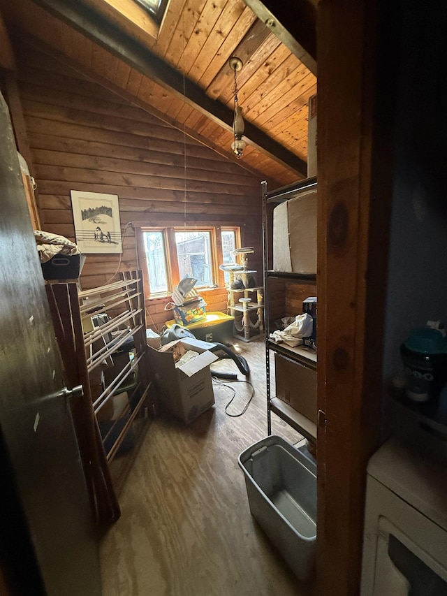 1781 Jersey St S, Addison, VT 05491 - bedroom featuring wood ceiling, wood walls, wood finished floors, and washer / clothes dryer