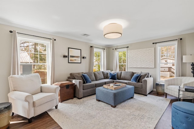living area with crown molding, visible vents, and wood finished floors