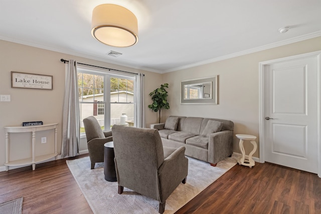 living room with baseboards, dark wood-style flooring, ornamental molding, and visible vents