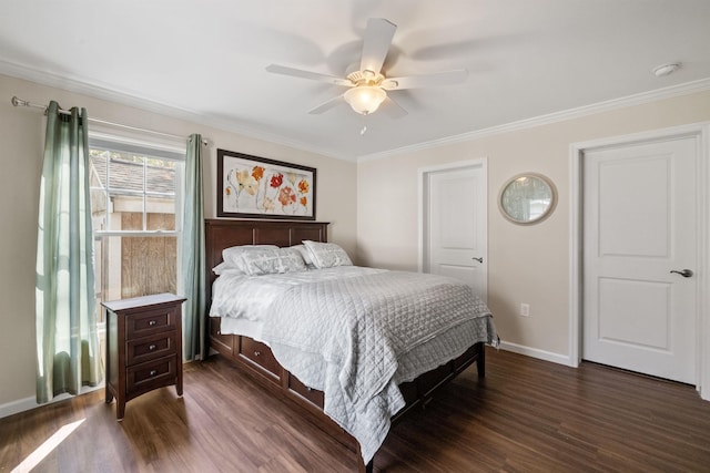 bedroom with ceiling fan, baseboards, ornamental molding, and dark wood-style floors