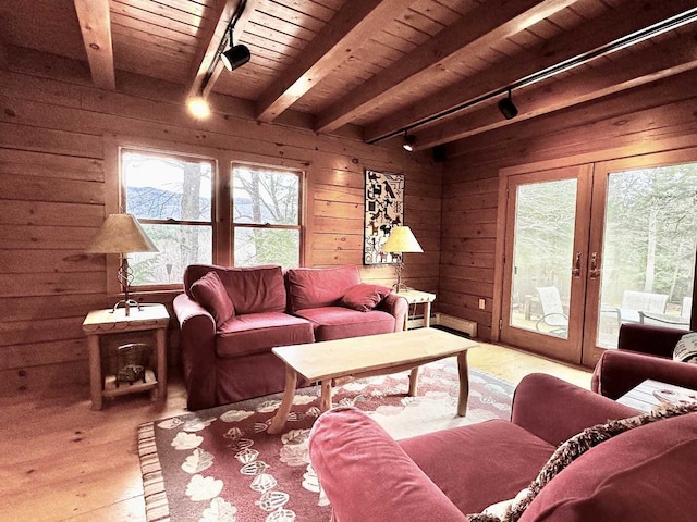 living room with rail lighting, a wealth of natural light, french doors, and wood ceiling