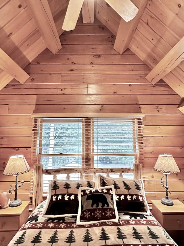 bedroom featuring wood walls, wood ceiling, and lofted ceiling with beams