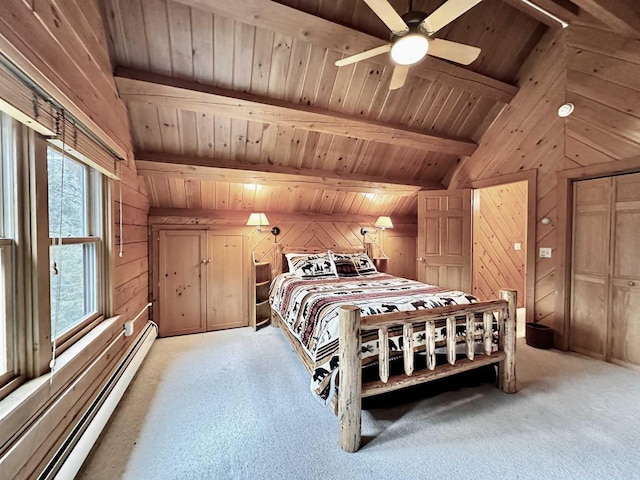 bedroom with wooden ceiling, wooden walls, lofted ceiling with beams, and a baseboard heating unit