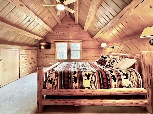 bedroom featuring wooden ceiling, wooden walls, carpet, and lofted ceiling with beams