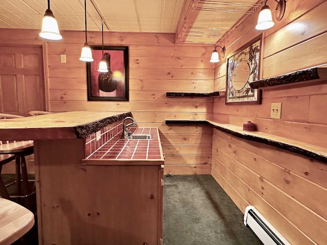 interior space with a sink, a baseboard radiator, dark colored carpet, and wood walls