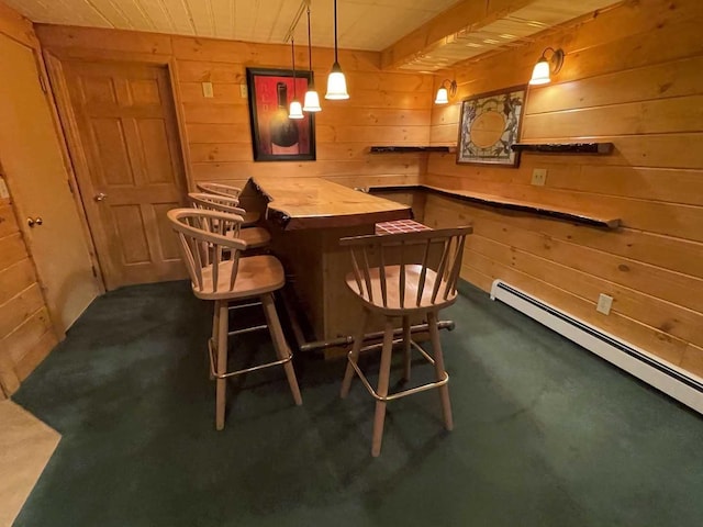 bar with a baseboard radiator, wooden walls, dark colored carpet, and a bar