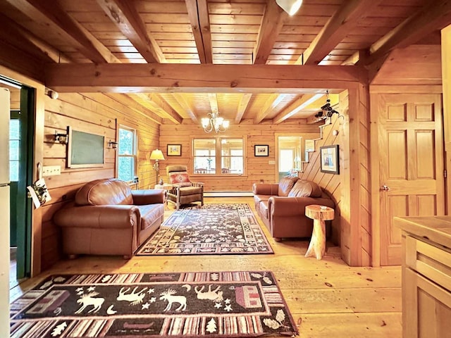 living area featuring wood walls, wooden ceiling, wood-type flooring, beamed ceiling, and a notable chandelier