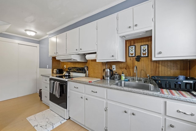 kitchen with a sink, ornamental molding, under cabinet range hood, white cabinetry, and white range with electric stovetop