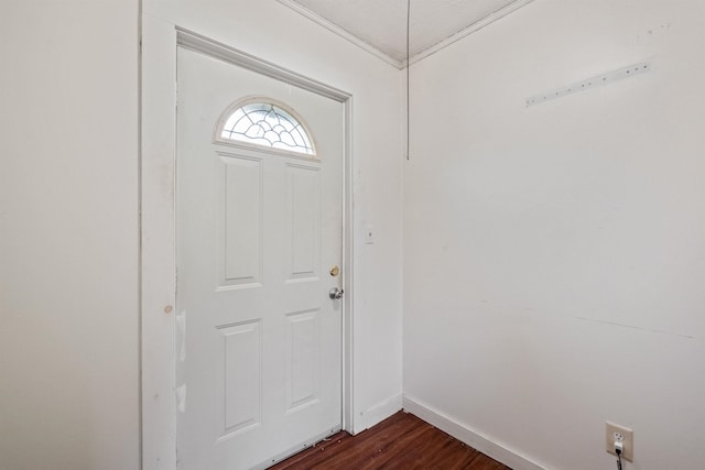 entryway with baseboards and dark wood-type flooring