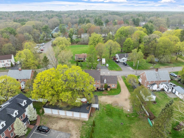 birds eye view of property with a wooded view and a residential view