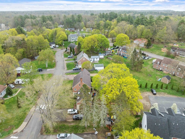 bird's eye view with a wooded view and a residential view