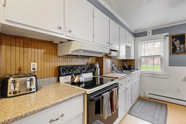 kitchen with a sink, electric range, under cabinet range hood, light countertops, and a baseboard radiator