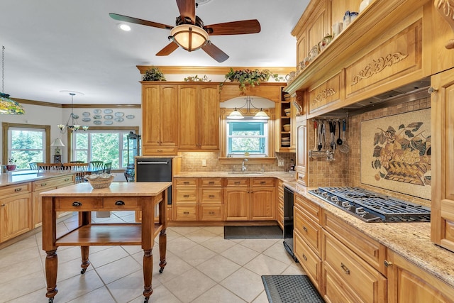 kitchen featuring backsplash, a healthy amount of sunlight, a sink, and stainless steel gas cooktop