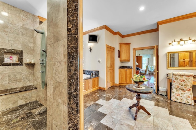 full bathroom with walk in shower, marble finish floor, ornamental molding, recessed lighting, and baseboards