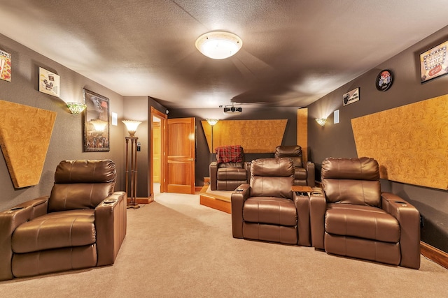 carpeted cinema with a textured ceiling