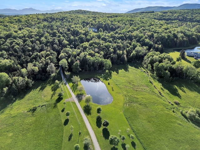 aerial view featuring a view of trees and a water and mountain view