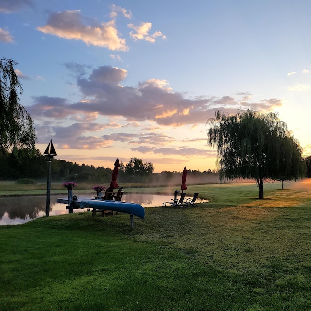 view of property's community with a water view and a lawn