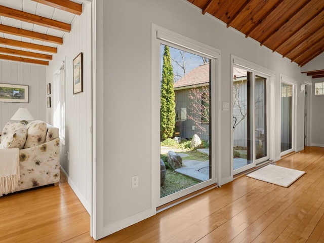 25 Oakledge Dr, Burlington, VT 05401 - doorway to outside featuring a healthy amount of sunlight, light wood-type flooring, and wood ceiling