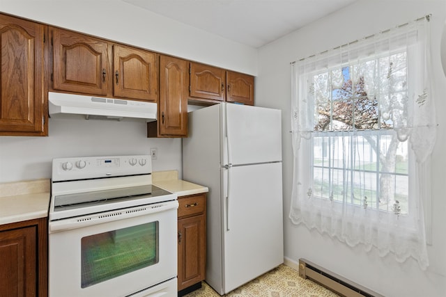 kitchen featuring under cabinet range hood, a baseboard radiator, brown cabinetry, and white appliances