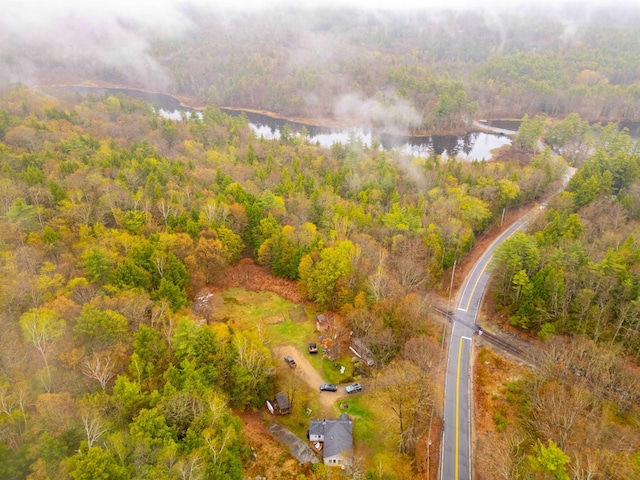 bird's eye view with a wooded view and a water view