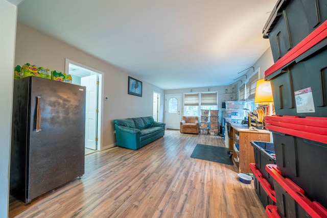 living room with baseboards and light wood-style floors