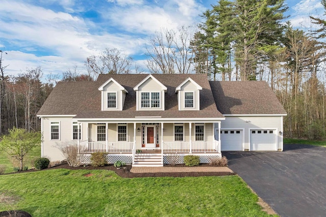 cape cod house with covered porch, aphalt driveway, roof with shingles, an attached garage, and a front lawn
