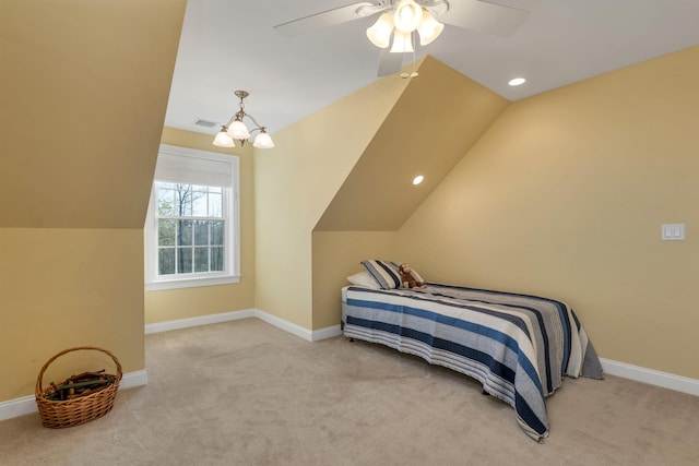 carpeted bedroom with vaulted ceiling, baseboards, ceiling fan, and recessed lighting