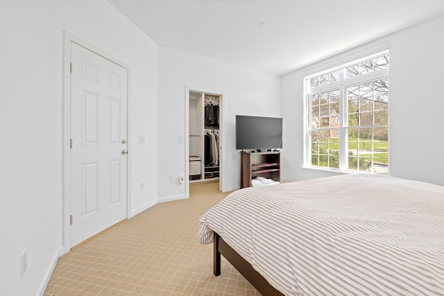 bedroom with baseboards, light carpet, a closet, and a spacious closet