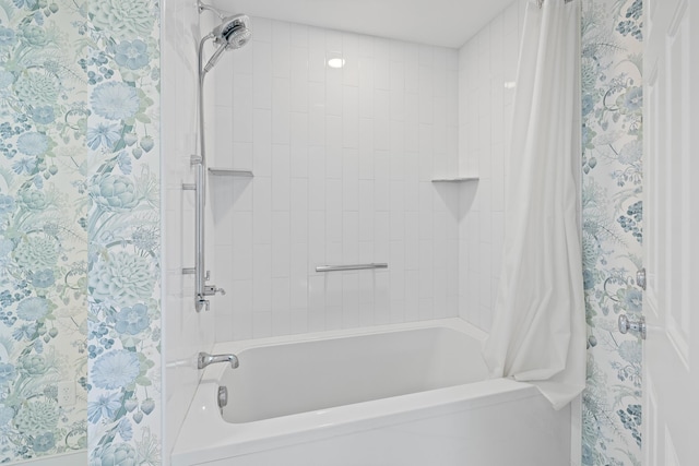 full bathroom with shower / tub combo with curtain