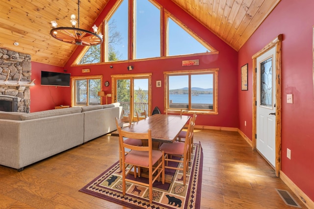 dining room featuring a notable chandelier, wood-type flooring, visible vents, wood ceiling, and high vaulted ceiling
